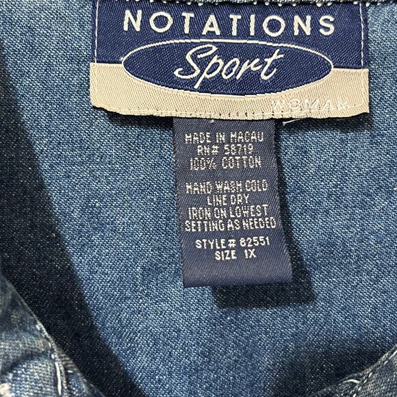 Notations Sport Women’s Cotton Chambray Button Top Plus Sz 1X Embroidered/Beads - Picture 3 of 7